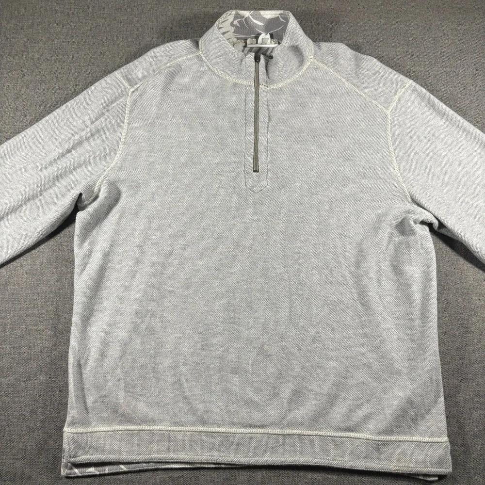Tommy Bahama Reversible Quarter Zip Mens L Grey Tropical Monstera Leaf Pullover